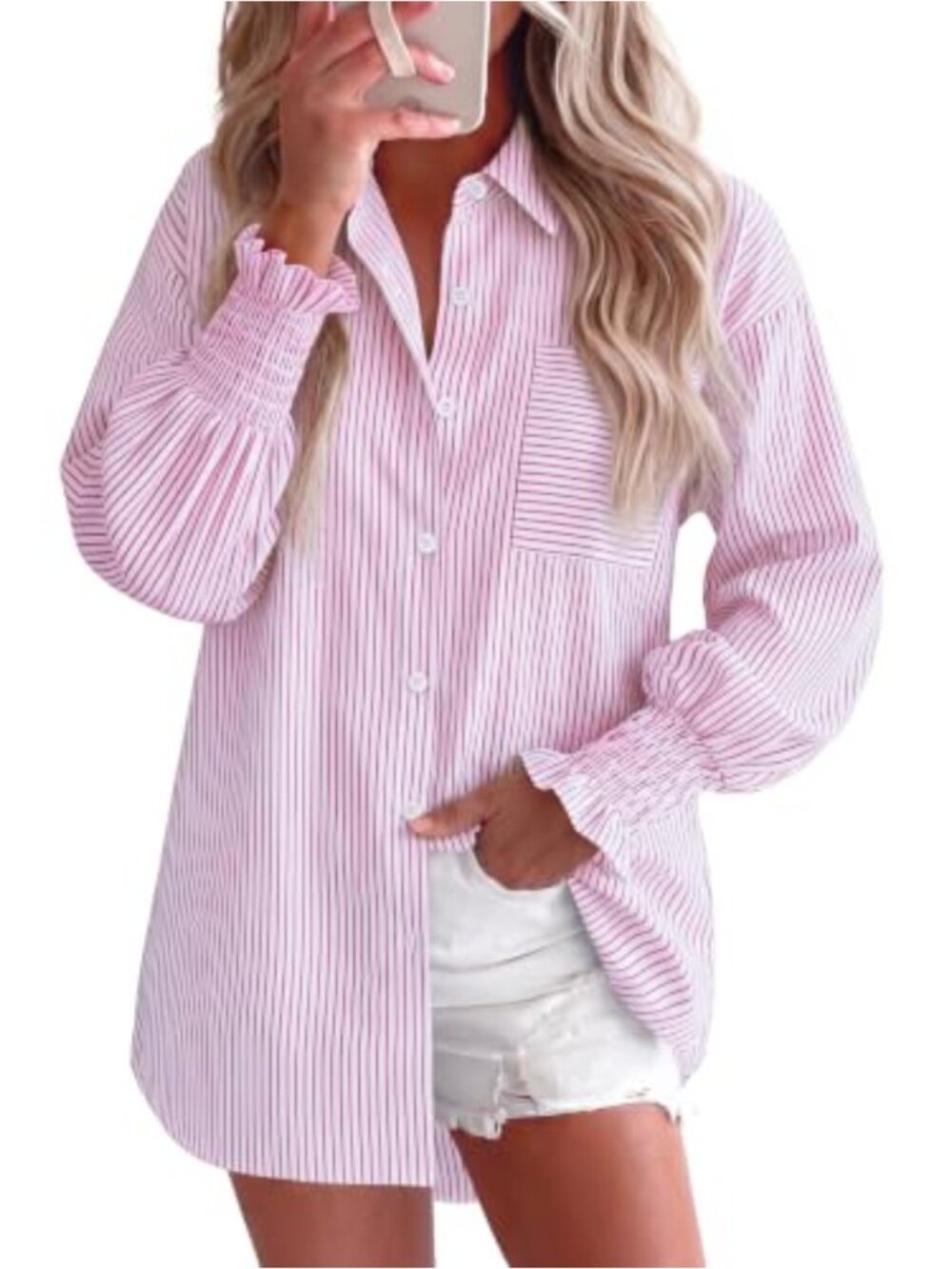 Oversized Button Down Shirt Striped Smocked Cuff Long Sleeve Blouse with Pocket